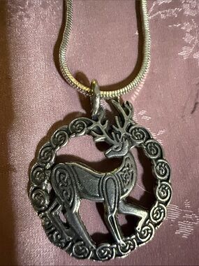 Silver-Tone Celtic Stag Pendant Necklace